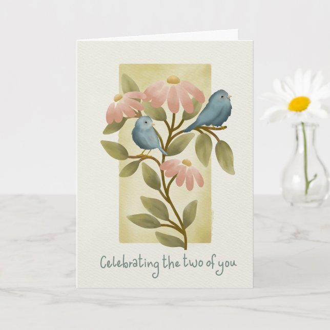 Tarjeta Anniversary Watercolor Blue Birds and Flowers  (Planta pequeña)