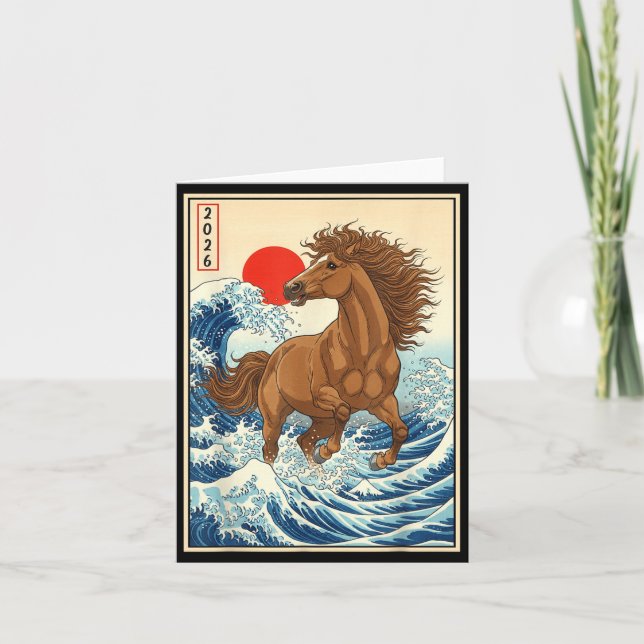 Tarjeta Año 2026 del Caballo Arte de Ola Japonesa Año Nuev (Anverso)