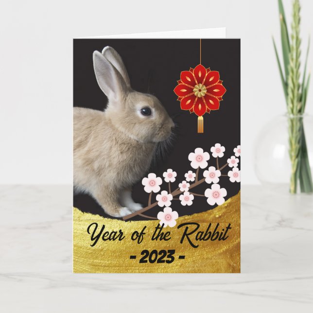 Tarjeta Año Chino de Florecimiento de Cerezos en Conejo (Anverso)