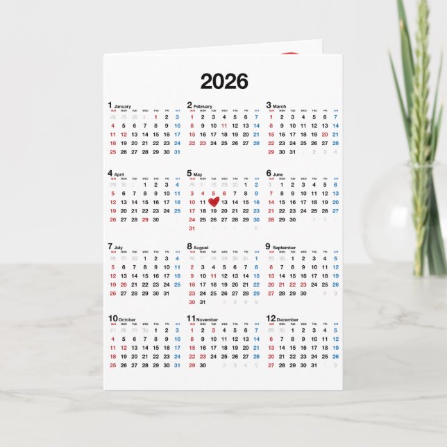 Tarjeta Año de cumpleaños 2026 con corazón rojo (Anverso)
