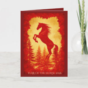 Tarjeta Año del Caballo 2026 – Año Nuevo Lunar Rojo y Dora