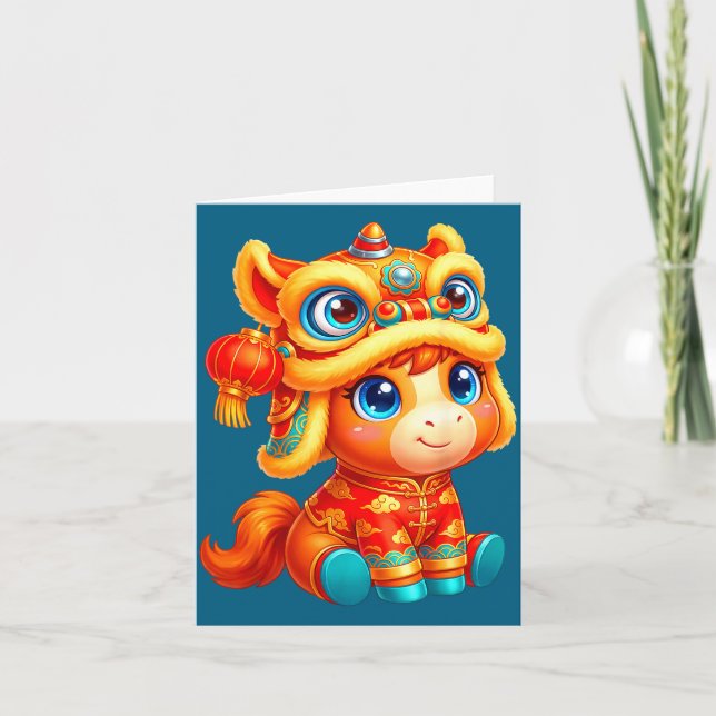 Tarjeta Año del Caballo 2026 Baile del León del Año Nuevo  (Anverso)