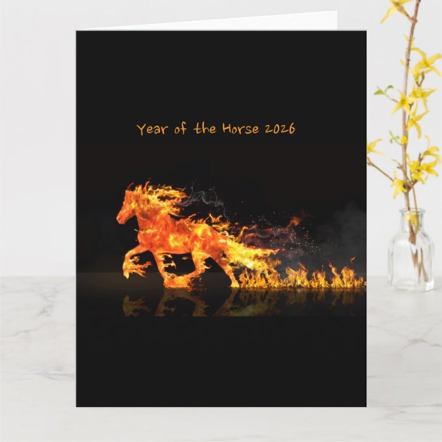 Tarjeta Año del Caballo 2026 (Caballo de Fuego) (flor amarilla)