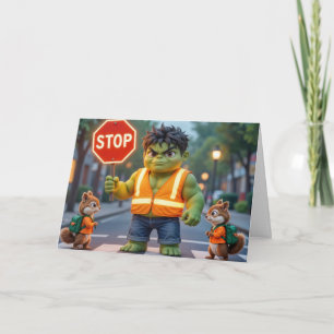 Tarjeta Año escolar feliz Superhéroe verde