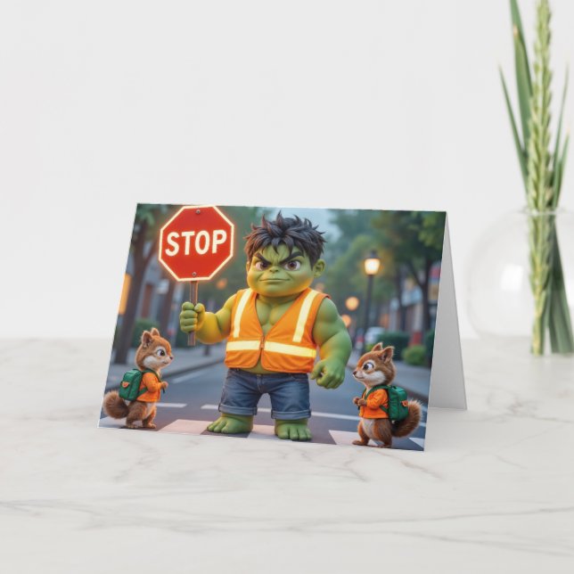 Tarjeta Año escolar feliz Superhéroe verde (Anverso)