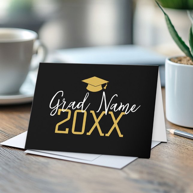 Tarjeta Año Grande - Nombre y gorro - Graduación de oro ne (Custom Graduation Note Card)