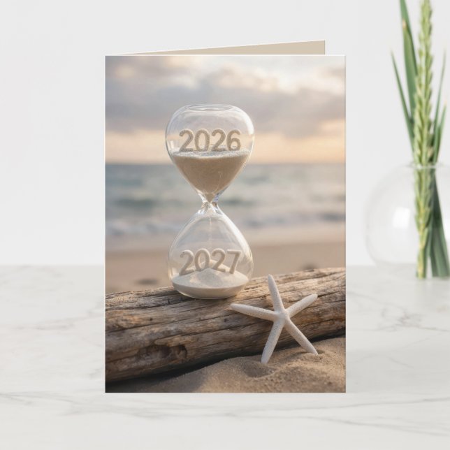 Tarjeta Año Nuevo 2027 Reloj de Arena de Playa (Anverso)