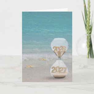 Tarjeta Año Nuevo 2027 Reloj de Arena en la Playa