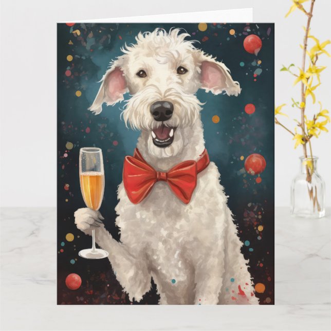 Tarjeta Año Nuevo Bedlington Terrier (flor amarilla)