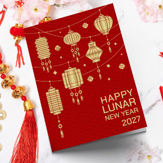 Tarjeta Año Nuevo Chino de la Cabra 2027 - Linterna Dorada