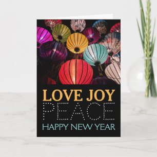 Tarjeta Año Nuevo chino, linternas coloridas saludan