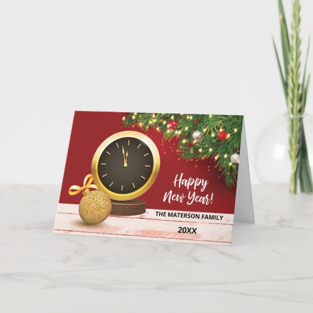 Tarjeta Año Nuevo De Las Ramas Evergreen De Reloj (Anverso)