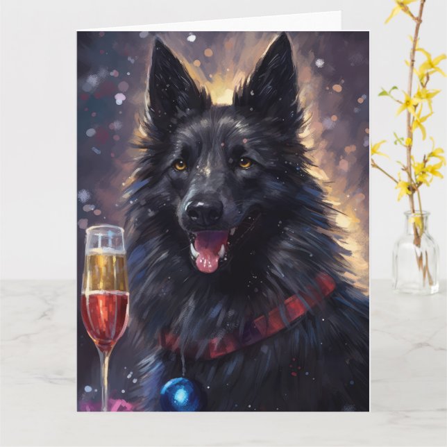 Tarjeta Año nuevo de Sheepdog belga (flor amarilla)