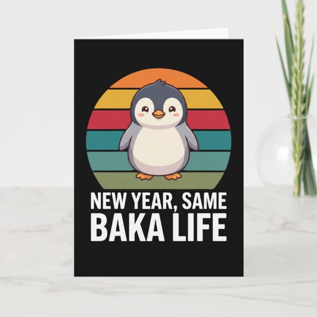 Tarjeta Año Nuevo, misma vida de Baka, broma de pingüino,  (Anverso)