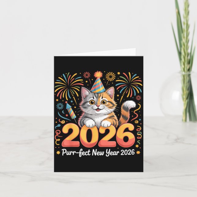 Tarjeta Año Nuevo Purrfecto 2026 Gato Lindo Fuegos Artific (Anverso)