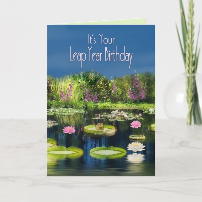 Tarjeta Año Salto Cumpleaños, Pond, Flores Lutus/Rana (Anverso)