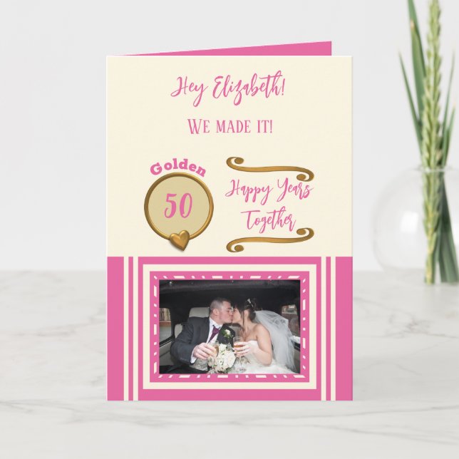 Tarjeta Años felices dorados 50 años crema rosa (Anverso)