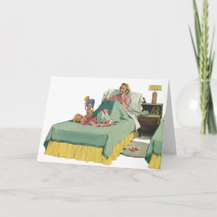 Tarjeta Antigua familia sirviendo a mamá desayuno en cama
