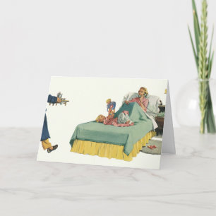 Tarjeta Antigua familia sirviendo a mamá el desayuno en la