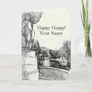 Tarjeta Antigua fuente en el parque con el niño de la escu