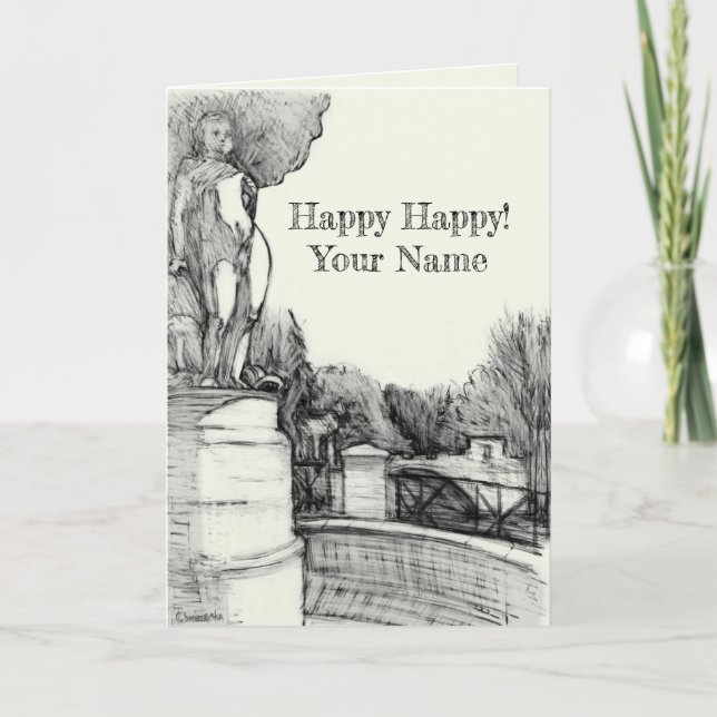 Tarjeta Antigua fuente en el parque con el niño de la escu (Anverso)