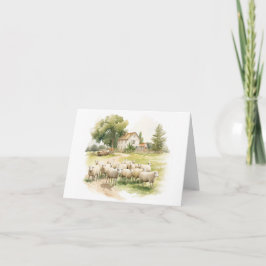 Tarjeta Antigua granja con manada de ovejas en BLANCO