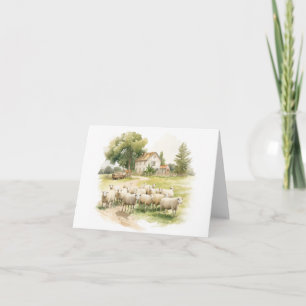 Tarjeta Antigua granja con manada de ovejas en BLANCO