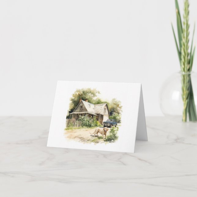 Tarjeta Antigua granja con perro y vagón en blanco (Anverso)