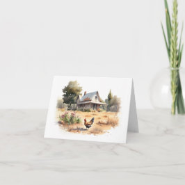 Tarjeta Antigua granja con pollo y flores