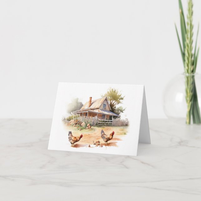 Tarjeta Antigua granja con pollos y gallos (Anverso)