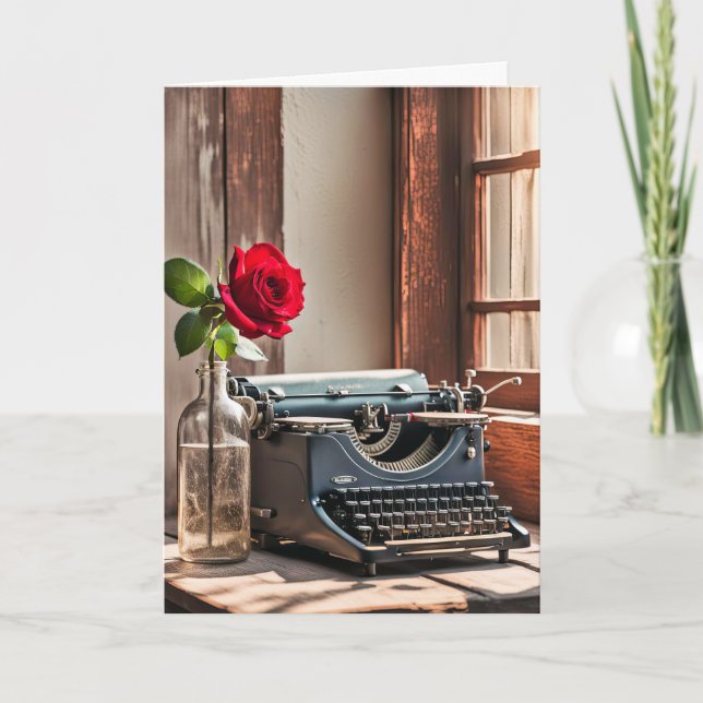 Tarjeta Antigua máquina de escribir y Rosa de cumpleaños (Anverso)