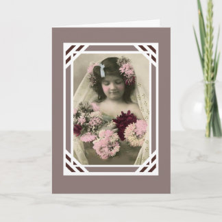 Tarjeta antigua niña con flores