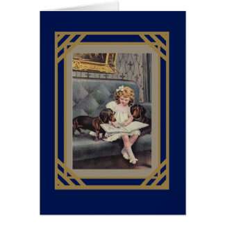 Tarjeta antigua niña leyendo a perros