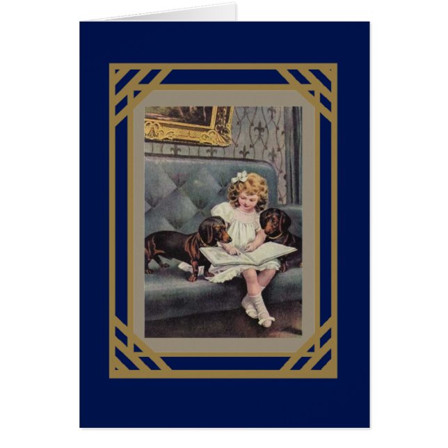Tarjeta antigua niña leyendo a perros (Frente)