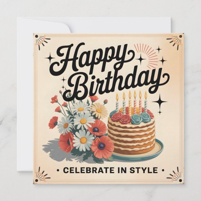 Tarjeta Antiguo "Feliz Cumpleaños - Celebra con Estilo" (Anverso)