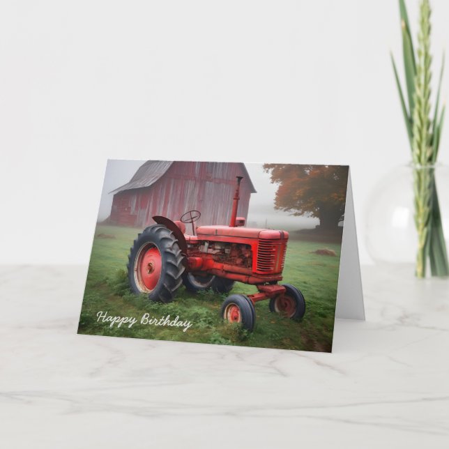 Tarjeta Antiguo Tractor de Granja Roja para Cumpleaños (Anverso)
