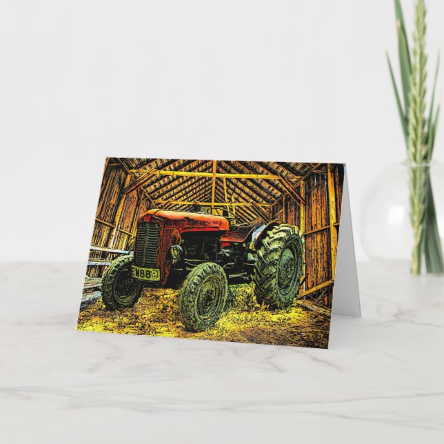 Tarjeta Antiguo Tractor Rojo Rústico Barn (Anverso)