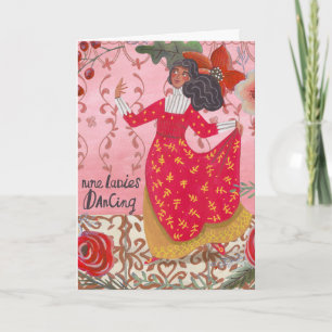 Tarjeta Apenas 12 días de Navidades nueve damas bailando