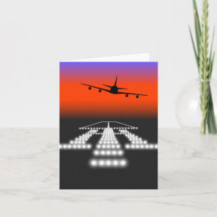 Tarjeta Aproximación del avión al atardecer Luces de pista