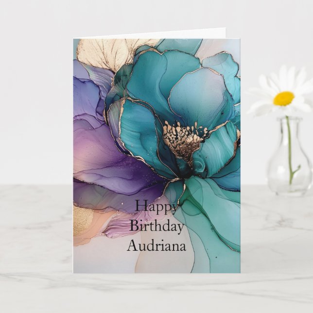 Tarjeta Aqua Azul Púrpura Dorado Floral Cumpleaños (Planta pequeña)