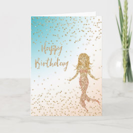 Tarjeta Aqua Gold Mermaid Purpurina Confetti Cumpleaños