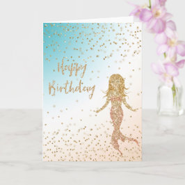 Tarjeta Aqua Gold Mermaid Purpurina Confetti Cumpleaños