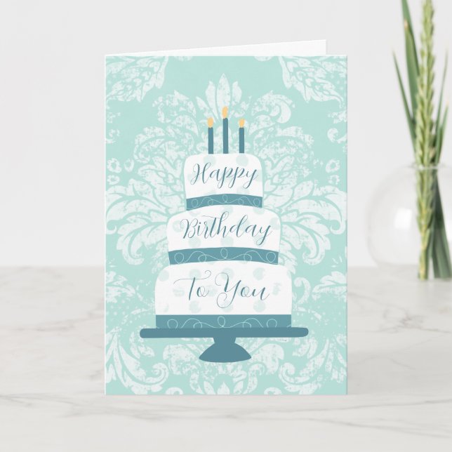 Tarjeta Aqua Happy Birthday Vintage Tiered Birthday Cake (Anverso)