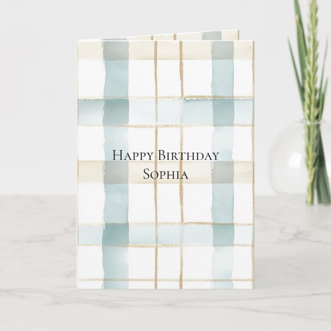 Tarjeta Aqua Mint Cream White Plaid Cumpleaños (Anverso)