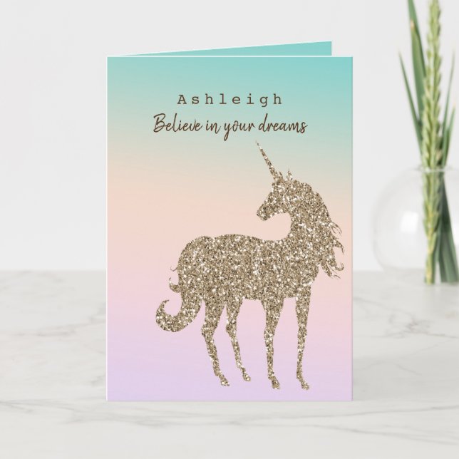 Tarjeta Aqua Peach Purple Pink Tye Purpurina Unicorn (Anverso)