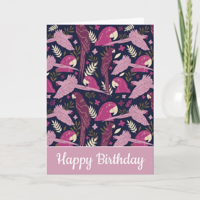Tarjeta Ara Parrot Pink Tropical Leave Pattern Cumpleaños (Anverso)