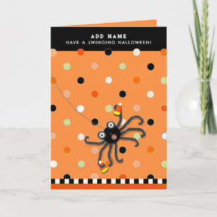 Tarjeta Araña divertida de Halloween haciendo truco o trat