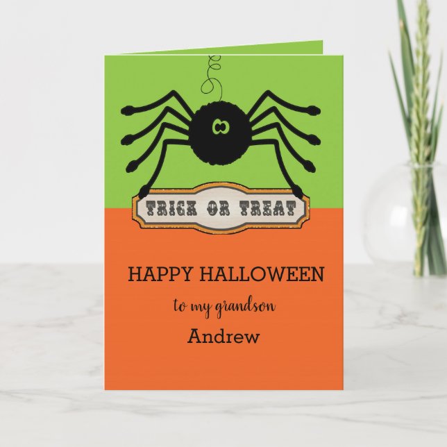 Tarjeta Araña infantil Feliz nieto de Halloween (Anverso)