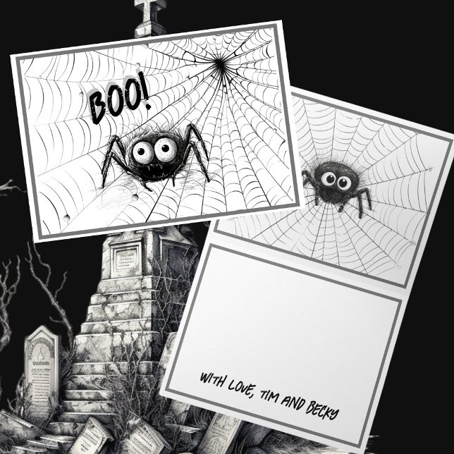 Tarjeta Arañas blancas y negras | Spider Web Halloween (Cute Black and White spiders and spider web customizable Halloween greeting cards.)
