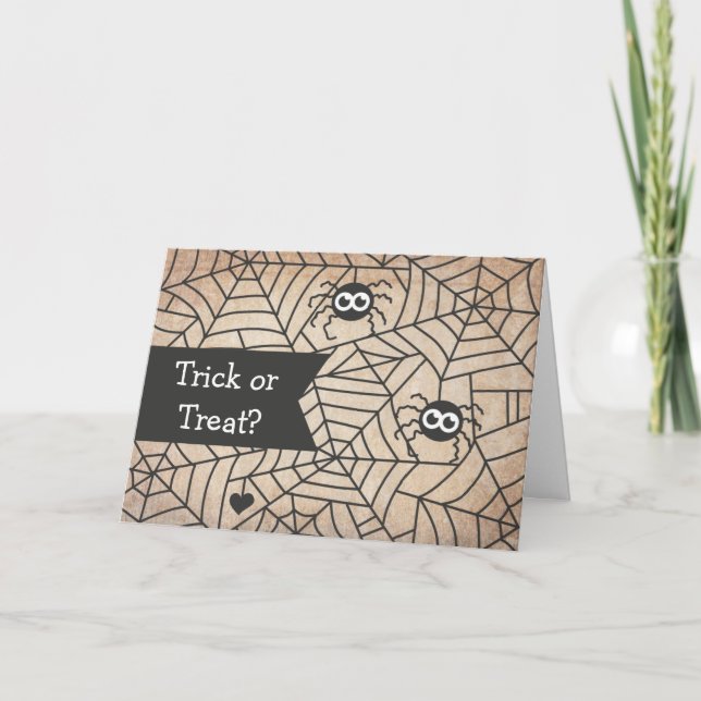 Tarjeta Arañas Cutas, Webs de Araña, Feliz Halloween (Anverso)